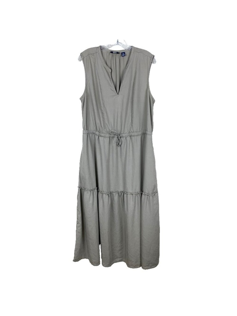 Lands End Womens XL Maxi Dress Sleeveless Tiered Khaki Lyocell Boho Festival